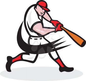 Illustration of a american baseball player batter hitter batting with bat done in cartoon style isolated on white background.