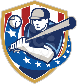 Illustration of a american baseball player batter hitter holding bat batting set inside crest shield shape with stars and stripes done in retro style isolated on white background.