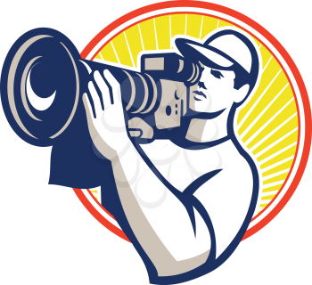 illustration of a cameraman film crew shooting with hd video movie camera set inside circle done in retro style on isolated white background.