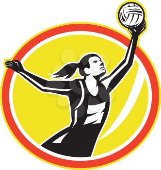 Illustration of a netball player catching rebounding ball set inside oval on isolated white background.
