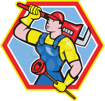 Illustration of a plumber holding carrying monkey wrench on shoulder and holding plunger done in cartoon style on isolated background set inside hexagon