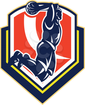 Illustration of a basketball player jumping dunking ball set inside shield crest done in retro style.