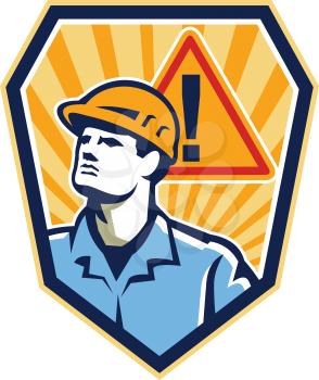 Illustration of a contractor builder construction worker looking up with caution hazard sign in background set inside shield done in retro style.