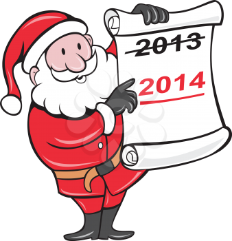 Illustration of Father Christmas Santa Claus showing a paper scroll with year 2013 crossed out and pointing to New Year 2014 on isolated background done in cartoon  style.