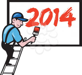 Illustration of a painter signwriter worker on step ladder with paintbrush painting billboard sign with new year 2014 on isolated on white done in cartoon style.