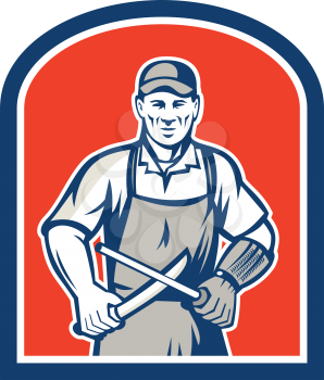 Illustration of a butcher cutter worker sharpening knife facing front set inside shield crest on isolated background.