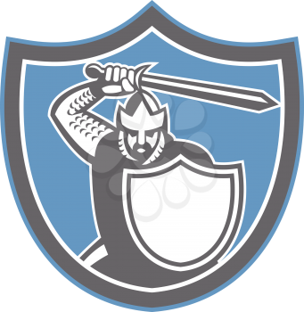 Illustration of crusader knight in full armor brandishing a sword set inside shield crest facing front on isolated background done in retro style.
