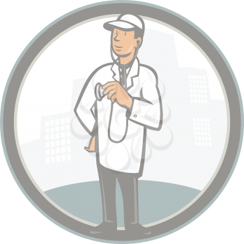 Illustration of a doctor veterinarian medical practitioner holding a stethoscope standing with buildings in background set inside circle done in cartoon style.