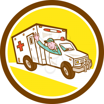 Illustration of an ambulance emergency vehicle traveling on road and emergency worker driver waving set inside circle shape on isolated background done in cartoon style.