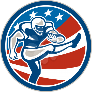 Illustration of an american football gridiron player placekicker kicking set inside circle with stars and stripes in the background done in retro style. 