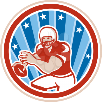 Illustration of an american football gridiron quarterback qb holding throwing ball viewed from front set inside circle with stars and stripes in the background done in retro style. 
