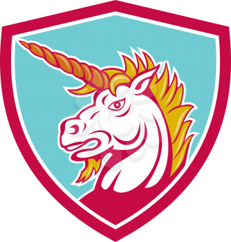 Illustration of a unicorn horse head viewed from the side set inside shield crest on isolated background done in cartoon style.