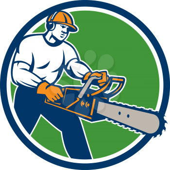 Illustration of lumberjack arborist tree surgeon holding a chainsaw set inside circle on isolated background done in retro style. 