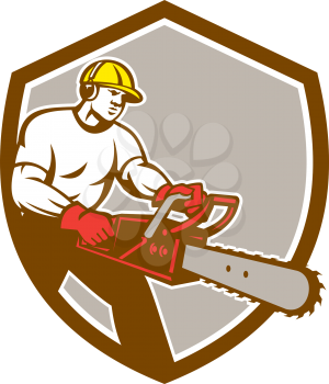 Illustration of lumberjack arborist tree surgeon holding a chainsaw set inside shield crest on isolated background done in retro style. 