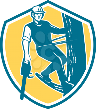 Illustration of lumberjack arborist tree surgeon looking front with harness and chainsaw hanging climbing tree post set inside shield crest on isolated background done in retro style