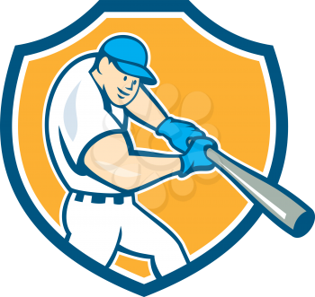 Illustration of an american baseball player batting set inside shield crest on isolated background done in cartoon style.