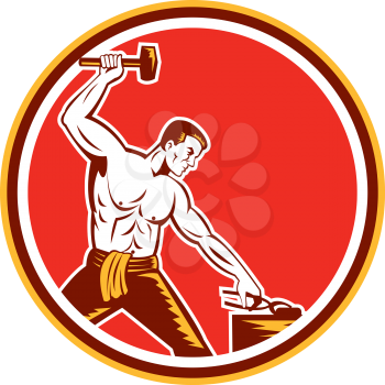 Illustration of a blacksmith with sledgehammer striking hammering pliers viewed from the side set inside circle on isolated background done in retro style.