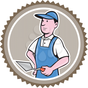 Illustration of a bricklayer mason plasterer worker standing holding a trowel set inside rosette on isolated background done in cartoon  style.
