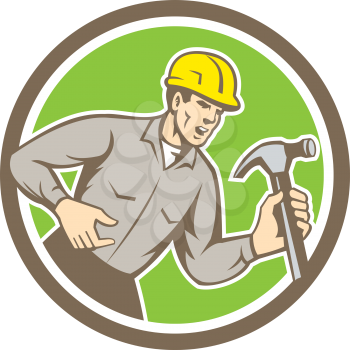 Illustration of a builder construction worker holding hammer shouting yelling set inside circle on isolated background done in retro style.
