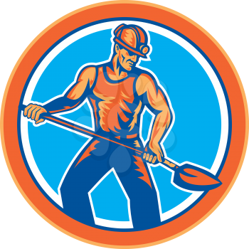 Illustration of a coal miner with hardhat on holding shovel set inside circle on isolated backgorund done in retro style.