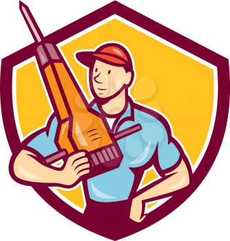 Illustration of a construction worker hnolding jack hammer pneumatic drill set inside shield crest on isolated background done in cartoon style. 
