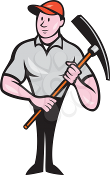 Illustration of a construction worker wearing hat holding pickaxe on isolated white background done in cartoon style. 