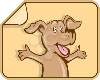 Illustration of a dog mascot with arms out open welcome welcoming looking to the side set inside label shape on isolated background done in cartoon style. 
