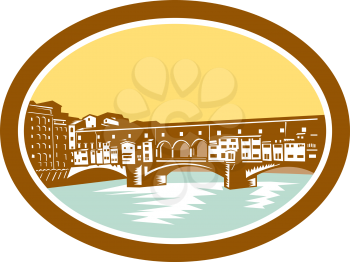 Illustration of arch bridge of Ponte Vecchio in Florence, Firenze, Italy spanning river Arno viewed from afar set inside oval done in retro woodcut style.