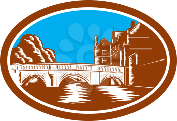 Illustration of the Trinity College Bridge in Cambridge, England spanning the River Cam viewed from afar set inside oval done in retro woodcut style.