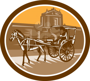 Illustration of a horse-drawn carriage or calash in frontr of the walled city in Intramuros,Manila, Philippines set inside oval done in retro woodcut style.