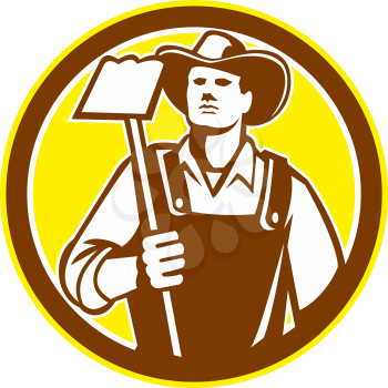 Illustration of organic farmer holding a grab hoe facing front set inside circle done in retro woodcut style.