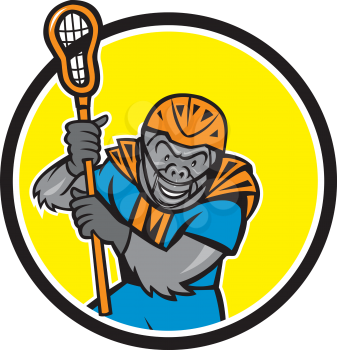 Illustration of a gorilla ape lacrosse player wearing helmet and holding lacrosse stick set inside circle on isolated background done in cartoon style. 