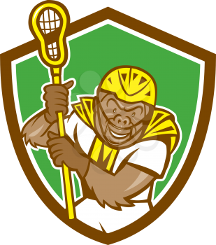 Illustration of a gorilla ape lacrosse player wearing helmet and holding lacrosse stick set inside shield crest on isolated background done in cartoon style. 