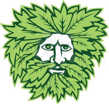 Illustration of green man with face surrounded by leaves viewed from front on isolated white background done in retro style.