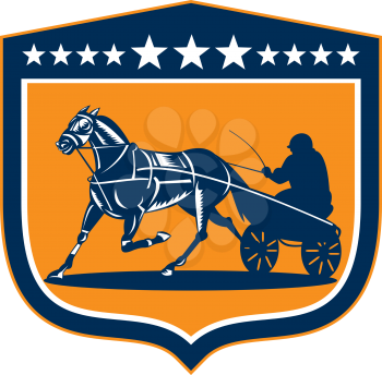 Illustration of a horse and jockey harness racing set inside shield crest with stars on isolated background done in retro style.