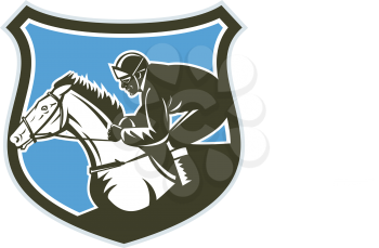 Illustration of horse and jockey racing viewed from side set inside shield crest on isolated background done in retro style.