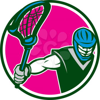 Illustration of a lacrosse player holding a crosse or lacrosse stick viewed from front set inside circle on isolated background done in retro style.