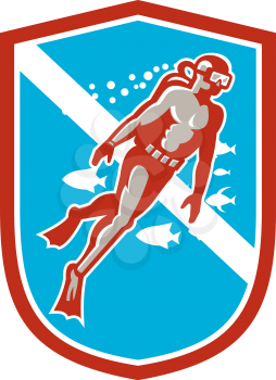 Illustration of a scuba diver diving swimming going up set inside shield crest with fish in the background done in retro style.