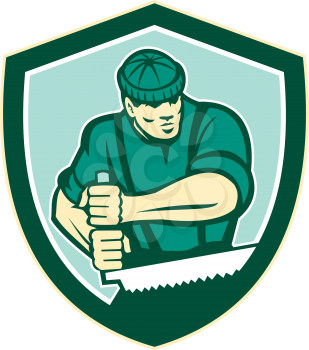 Illustration of lumberjack arborist tree surgeon sawing using crosscut saw set inside shield crest shape on isolated white background done in retro style.