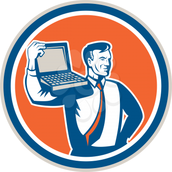 Illustration of a computer geek technician man carrying computer laptop on shoulder looking to the side set inside circle on isolated background done in retro style. 