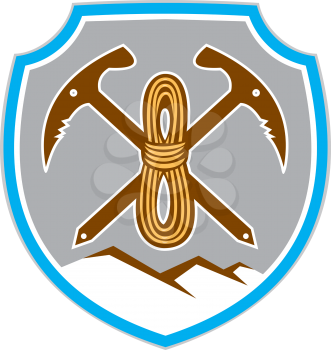 Illustration of mountain climbing mountaineering climber pick axe crossed with coiled rope and mountains in background set inside shield crest done in retro style