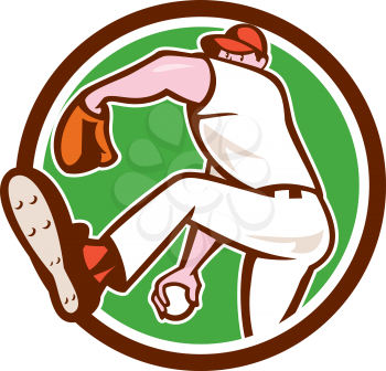Illustration of an american baseball player pitcher outfilelder throwing ball set inside circle on isolated background done in cartoon style. 