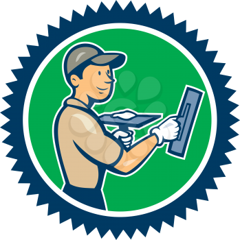 Illustration of a plasterer masonry tradesman construction worker standing with trowel looking to the side set inside rosette shape on isolated background done in cartoon style.