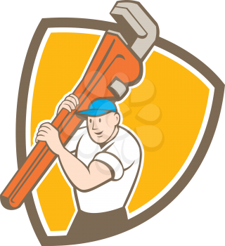 Illustration of a plumber carrying monkey wrench on shoulder set inside shield crest diamond shape on isolated background done in cartoon style.