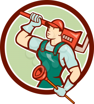 Illustration of a plumber looking up holding monkey wrench on shoulder and plunger on the other hand viewed from the side set inside circle done in cartoon style on isolated background. 
