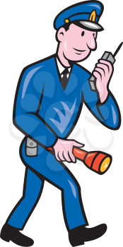 Illustration of a policeman police officer walking holding torch and talking on radio   set on isolated white background done in cartoon style. 