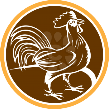 Illustration of a chicken rooster standing viewed from side set inside circle on isolated background done in retro woodcut style. 