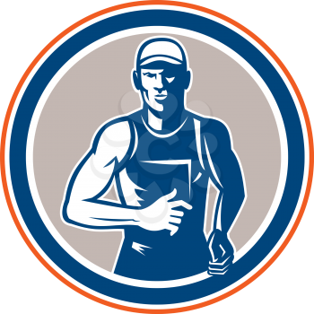 Illustration of a marathon runner running viewed from the front set inside circle on isolated background done in retro style.