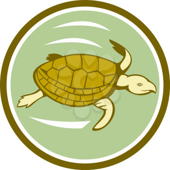 Illustration of a sea marine turtle swimming viewed from the side set inside circle on isolated background done in cartoon style. 