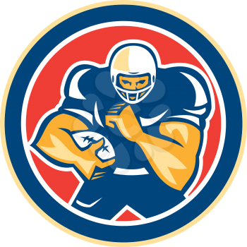 Illustration of an american football gridiron player holding ball fending off defend set inside circle on isolated background done in retro style. 
